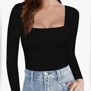 XL Black Long Sleeve Square Neck Shirt